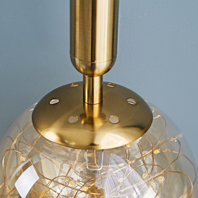 Gold Detail Modern Bedroom Pendant Ball Amber Glass Shade LED 1-Head Hanging Lamp