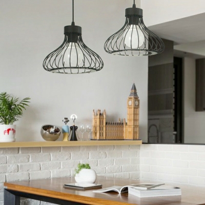 Industrial Living Room Black 1-Bulb Pendant Dome Metal Cage Hanging Lamp