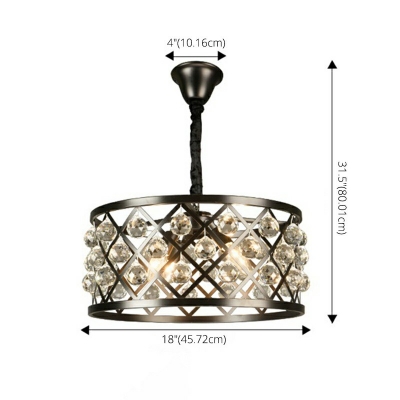 Modern Black Hanging Chandelier Light Drum Clear Crystal 4 Lights Interior Drop Lamp