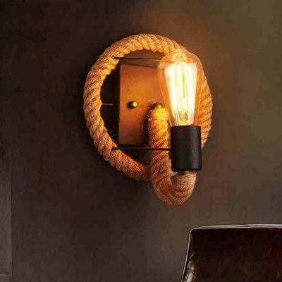 Natural Rope Industrial Wall Sconce Black Backplate 1-Bulb without Shade Wall Lamp