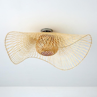 Rattan Straw Hat Semi-Flushmount Light Asian Style Beige 1-Bulb Ceiling Light