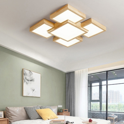 White Squared Semi Flushmount Modern 31.5 Inchs Wide Design Wooden 5 Lights LED Ceiling Lamp for Hotel Hall
