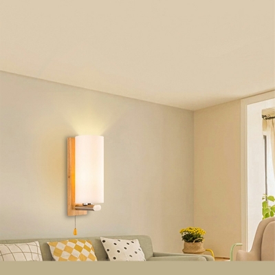 1-Head Bedside Pull Chain Sconce Light Simple Wood Wall Light with Cylinder White Glass Shade