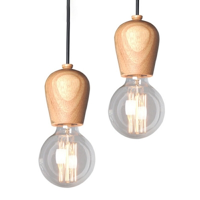 Bare Bulb Suspension Light 1 Head Industrial Style Wooden Hanging Light for Bar Living Room
