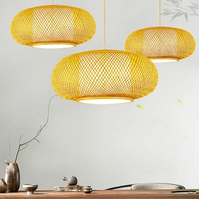 Beige Rounded Drum Pendant Light Chinese Bamboo  1 Bulb Beige Ceiling Suspension Lamp for Restaurant