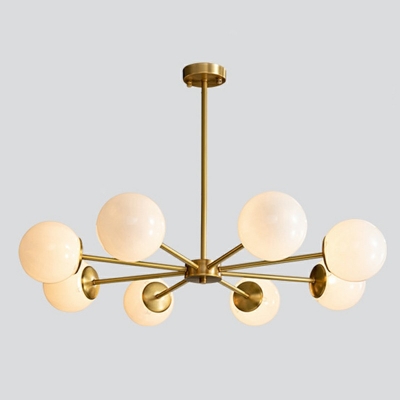 Brass Arm Modern Chandelier Milk White Glass Globe Shade Dining Room Restaurant Hanging Lamp