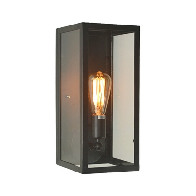 Industrial Rectangle Wall Light with Clear Glass Wrought Iron Frame Single Light Wall Sconce in Black