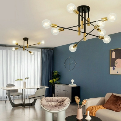 Modern Ceiling Fixture with Metal Ceiling Mount Bare Bulb Semi Flush Light in Black for Living Room