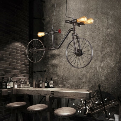 Steampunk Bike Shaped Pipe Pendant Lamp 3 Bulbs 38 Inchs Length Metal Hanging Island Light in Bronze