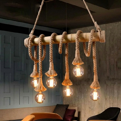 Beige Exposed Bulb Design Hanging Lamp Coffee Bar Lodge Hemp Rope Dinette Island Light with Bamboo Pole