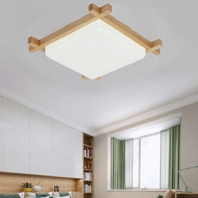 Beige LED Flush Mount Light Asian Style Wood Acrylic 16 Inchs Wide Ceiling Lamp for Bedroom in Stepless Dimming Light