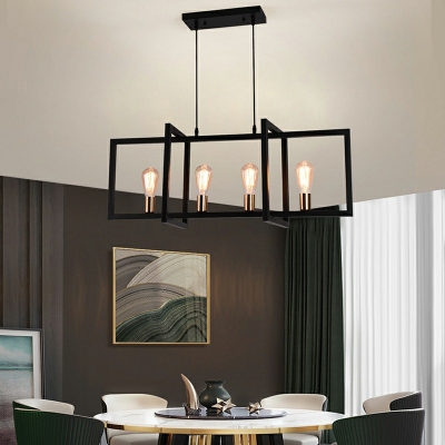 Large Lantern Industrial LED Pendant with Rectangle Iron Outshape 4 Lights 35.5 Inchs Length in Black