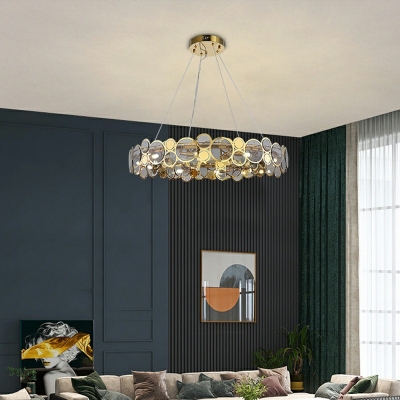 LED Living Room Hanging Chandelier Modernism 5.5 Height Ring Suspension Light with Round Panel Textured Glass Shade