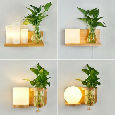 Single Head Wooden Vanity Lamp Contemporary Milky Glass Wall Light Sconce for Corridor