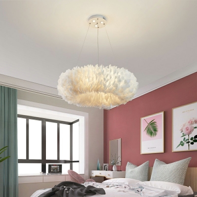 Stylish Minimalist Donut Shaped Pendant Feather Bedroom Chandelier Lighting in White with 8 Inchs Canopy Width