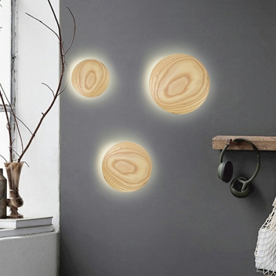 Wooden Circle Shape Wall Sconce Light Natural Oak LED Wall Lighting for Bedroom in Warm Light