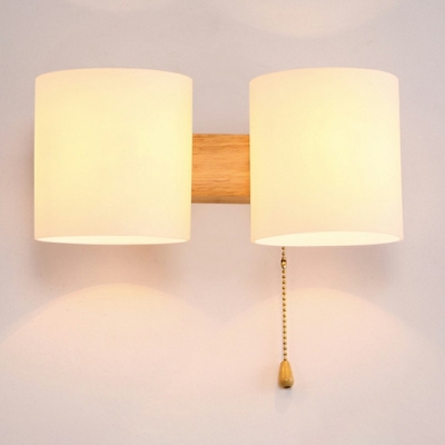 Asian Wall Mounted Light Wood Cylinder Wall Sconce Light with White Glass Shade for Bedroom