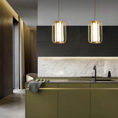Golden Cylinder Shape Restaurant Ceiling Fixture 9 Inchs Wide Pendant Lighting for Dining Room in Warm Light
