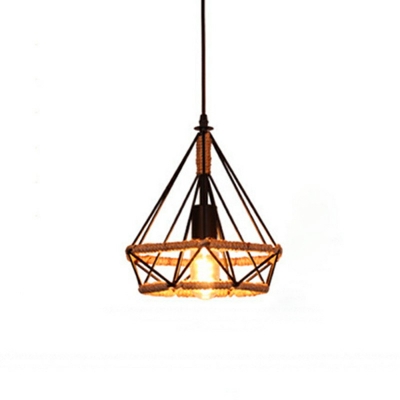 Industrial Style Beige Diamond Shade Restaurant Pendant Light Kit Rope Hanging Lamp for Hallway Foyer