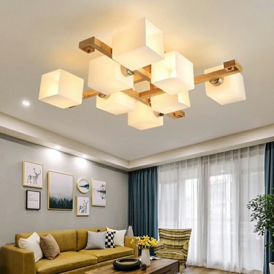Modern Ceiling Light Glass Shade Wooden Ceiling Mount Semi Flush Mount for Living Room