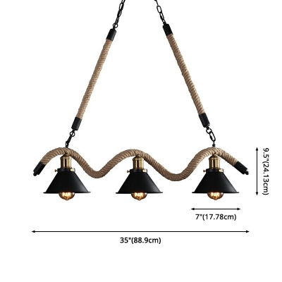 Wave-shaped Hemp Rope Island Lamp Industrial Retro Metal Saucer Shade 3 Lights Pendant Light for Bar in Black