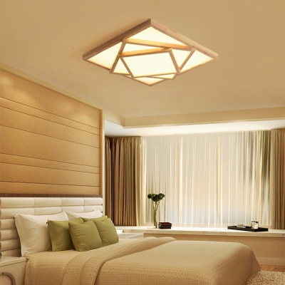 Wooden LED Flush Mount Light Asian Style Three Square Ceiling Lamp for Bedroom