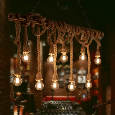 Beige Exposed Bulb Design Hanging Lamp Coffee Bar Lodge Hemp Rope Dinette Island Light with Metal Pole