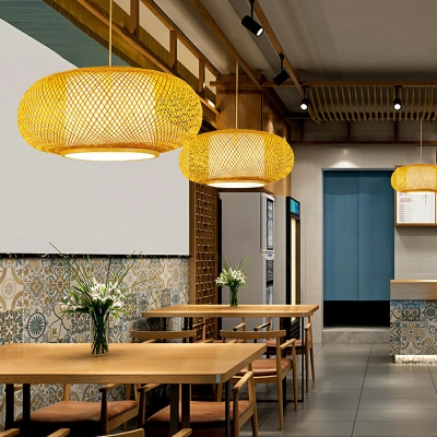 Beige Rounded Drum Pendant Light Chinese Bamboo  1 Bulb Beige Ceiling Suspension Lamp for Restaurant