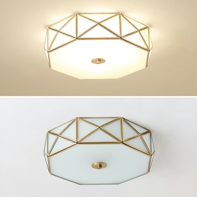 Brass Metal Frame Semi-Flushmount Light Colonial Style Drum White Glass Ceiling Light