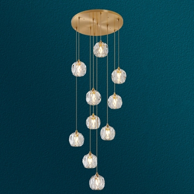 Clear Crystal Globe Pendant Light Modernist LED Hanging Light Fixture for Stairs in Brass