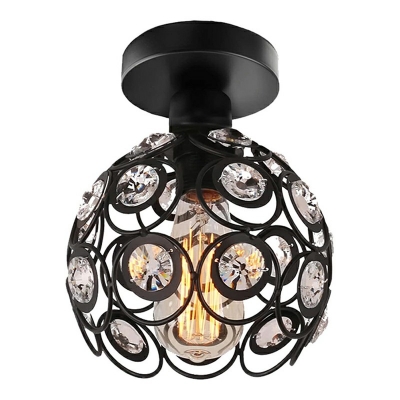 Contemporary Black Close To Ceiling Lighting Dome Metal Single Ceiling Mounted Fixture with Crystal Design