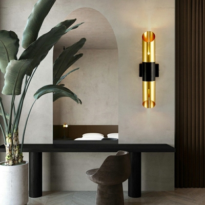 Cylinder Shade Wall Mounted Light 2.5 Inchs Wide Postmodern Style Wall Lighting 2 Heads Metal Shade in Gold