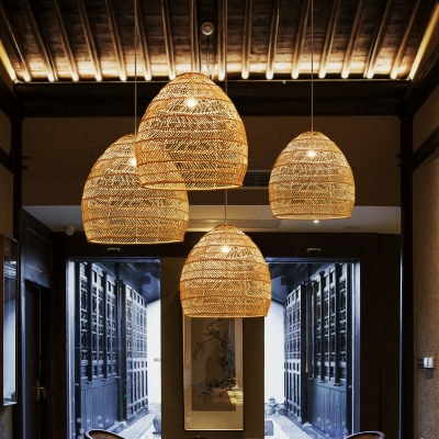 Southeast Asian Style Woven Bamboo Lamp Beige Hand-Woven Rattan Pendant Light Hanging for Restaurant