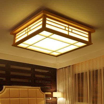 Square Study Room LED Flush Mount Light Wood Contemporary Ceiling Lamp with Fabric Shade