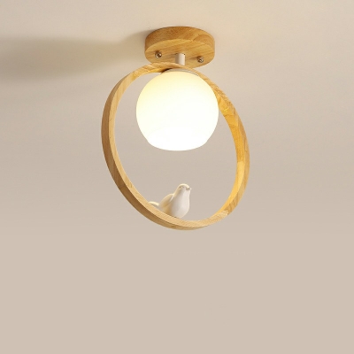 Wood Ring Semi Flush Mounted Ceiling Light 1 Head Modern Close To Ceiling Lighting Fixture with Glass Globe Shade