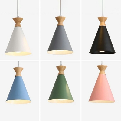 1-Bulb Macaron Aluminum LED Dining Pendant Light with Rubber Wood and Iron Lampshade