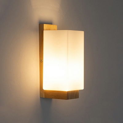 1-Head Bedside Pull Chain Sconce Light Simple Wood Wall Light 10 Inchs Height with Cylinder White Glass Shade