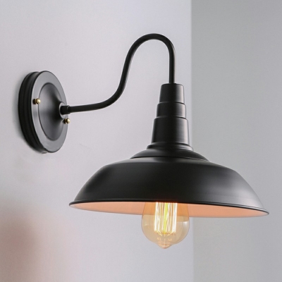 1-Light Industrial Gooseneck with Barn Style Shade Wall Light Black/White for Dining Room