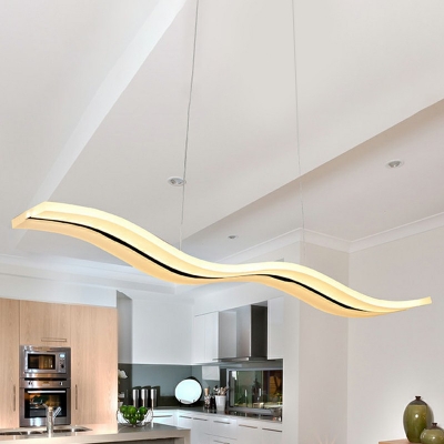 Acrylic White Linear Island Light Modern Dining Room Wave Design LED Island Pendant with 47 Inchs Height Adjustable Cord