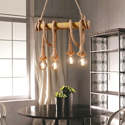Beige Exposed Bulb Design Hanging Lamp Coffee Bar Lodge Hemp Rope Dinette Island Light with Bamboo Pole