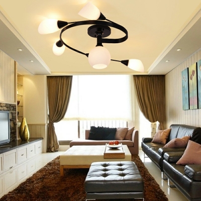 Black Curly Semi Flush Mount Chandelier Nordic Metallic Bedroom Ceiling Light with White Glass Shade