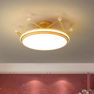 Crown Girls Bedroom Flush Ceiling Light Acrylic LED 8.5 Inchs Height Cartoon Flush Mount Fixture with Crystal