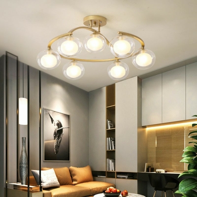 Curly Semi Flush Mount Chandelier 16 Inchs Height Nordic Metallic Bedroom Ceiling Light with Ball White Glass Shade