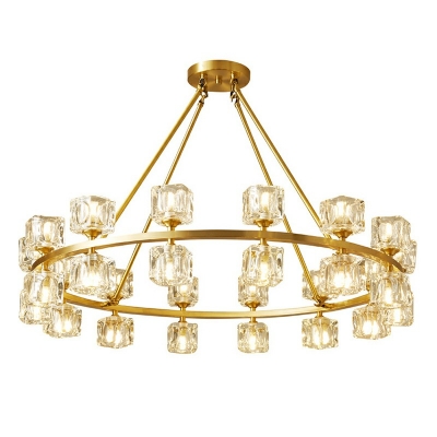 Faceted-Cut Crystal Square Chandelier Postmodern Living Room Ceiling Chandelier in Brass