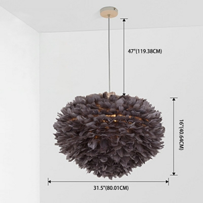 Feather Sphere Nordic Style Round Pendant Lamp Feather Bedroom Hanging Chandelier with 47 Inchs Height Adjustable Cord