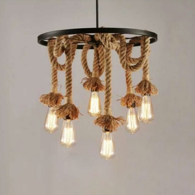 Iron Wagon Wheel Chandelier Industrial 6 Lights Dining Room Pendant Light with Hemp Rope in Flaxen