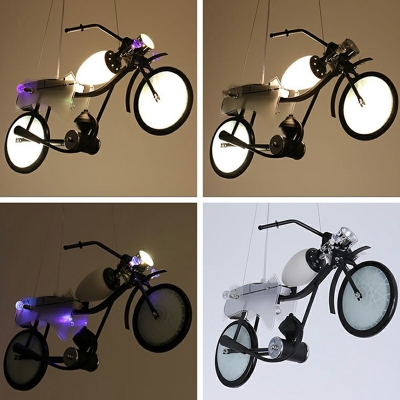Motorcycle Shaped Pipe Pendant Lamp Single Bulb Metal Hanging Island Light with Glass Shade