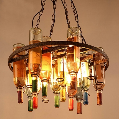 Restaurant Hanging Light with Wine Glass Wrought Iron Multi-Color Chandelier 14 Inchs Height in Rust
