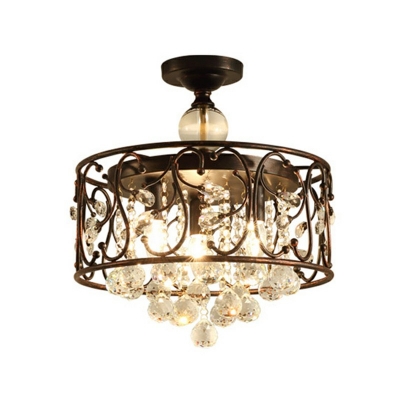 Rust Drum Frame Ceiling Mount Light Fixture Tradicional 3 Bulbs Close To Ceiling Lamp with Crystal Ball Design