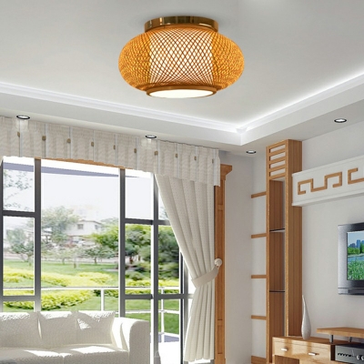 1 Light Bamboo Ceiling Mount Light Fixture Asia's Style Wood Lantern Close To Ceiling Lamp